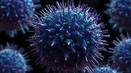 A stylized, microscopic representation of the H5N1 avian influenza virus, showing its spherical structure covered in spikes.