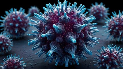 A stylized, microscopic representation of the H5N1 avian influenza virus, showing its spherical structure covered in spikes.
