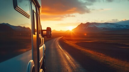 RV Motorhome camper van road trip. Tourists in rental car campervan by view of mountains in beautiful nature landscape on the road in Iceland at sunset. People on travel vacation adventure.