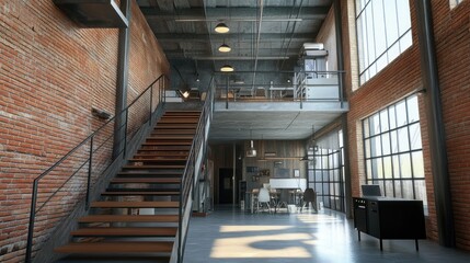 Fototapeta premium Modern Industrial Loft Interior Design: Sunlight Streaming Through Large Windows, Brick Walls, Metal Staircase