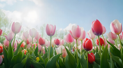 vibrant field of red and pink tulips under bright blue sky, showcasing nature beauty