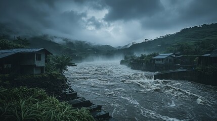 Swollen river overflowing into vast fields, consuming crops and homes, villagers desperately working to build barricades under a relentless downpour