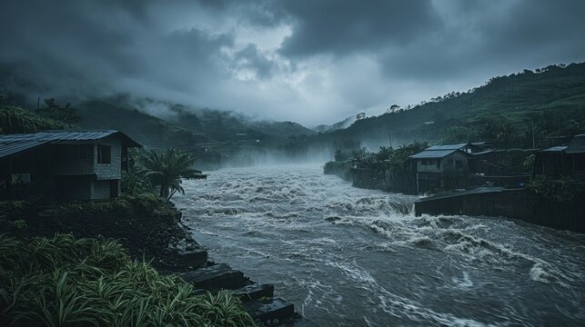 Swollen river overflowing into vast fields, consuming crops and homes, villagers desperately working to build barricades under a relentless downpour