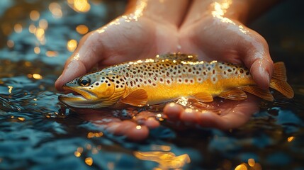 Fisherman Holding Fresh Trout in Tranquil Lake Water with Steady Hands Nature Leisure Active Sport Catch