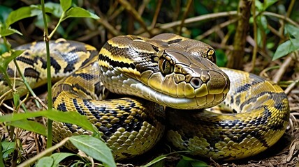 Obraz premium A close-up shot of a reticulated python snake coiled on the ground amidst lush green foliage, showcasing its intricate pattern and texture.