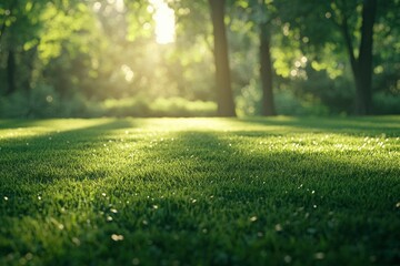 Fototapeta premium Beautiful green grass in the park with trees and a sunlit background. A healthy environment for fitness or outdoor activity. featuring high resolution, high quality, professional color grading,