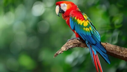 Fototapeta premium A vibrant parrot perched on a branch amidst a lush green background.