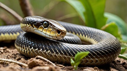 Obraz premium A snake, coiled on the ground, with its head raised and looking directly at the camera.