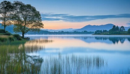 Fototapeta premium Serene lakeside view at dawn with mountains in the background.