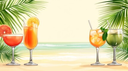 Four tropical cocktails on beach.