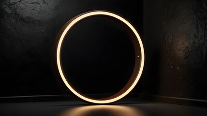 A circular light fixture or ring light with a warm glow, set against a dark, textured background, creating a minimalist and modern aesthetic.