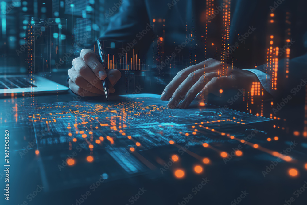 Aufkleber professional businessman in suit working hard at desk surrounded by digital graphs and visual data.