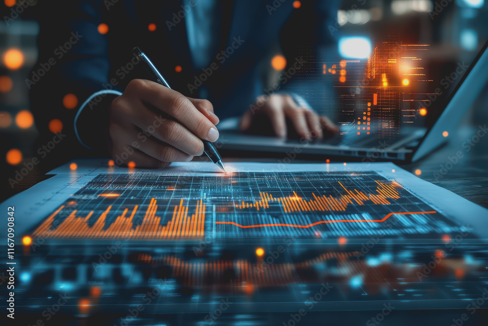 Poster professional businessman in suit working hard at desk surrounded by digital graphs and visual data.