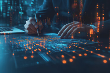 Professional businessman in suit working hard at desk surrounded by digital graphs and visual data.
