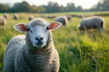 Fototapeta premium Fluffy white sheep stares, grassy pasture backdrop.