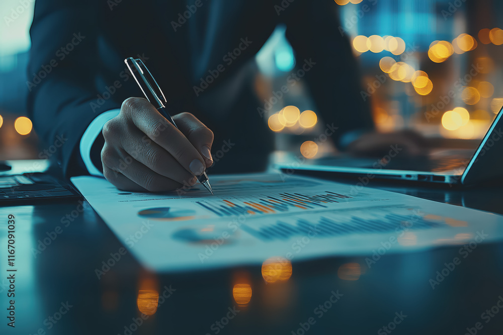 Poster professional businessman in suit working hard at desk surrounded by digital graphs and visual data.