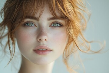 Woman in Blue Top, Serene Portrait Indoor Lifestyle with Natural Light and Focus on Hair and Skin Health