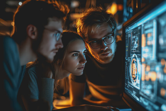 Brainstorming IT Programmers Use Computer Together, Software Engineers Develop App Program.