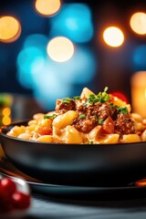 Warm and Delicious Bowl of Pasta with Savory Meat Sauce Topped with Fresh Herbs, Ideal for Comfort Food Lovers and Culinary Enthusiasts Captured in a Cozy Setting