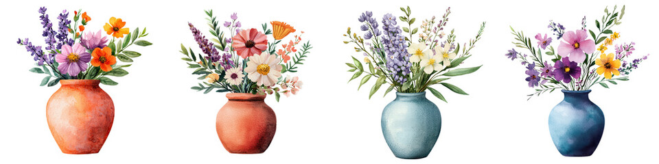 Obraz premium Vibrant Flower Bouquets in Rustic Ceramic Vases