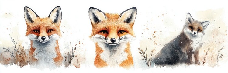 Watercolor Illustration of Cute Baby Fox Deer Raccoon Owl in Floral Forest Nursery Art