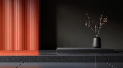 Minimalist dark room interior with orange wall and plant.