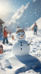 Obraz premium Kids playing in sunny alpine snowfield with snowman