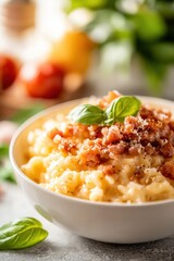 Creamy Risotto with Crispy Bacon and Fresh Basil Leaves Served in a Beautiful Bowl, Surrounded by Colorful Ingredients on a Rustic Table