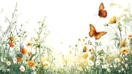 Two orange butterflies flying over a field of wildflowers.