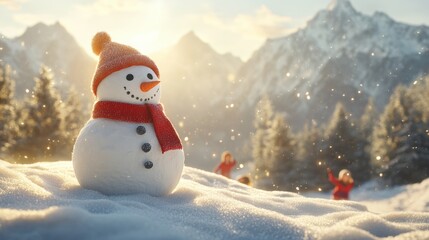 Obraz premium Children building a snowman on a mountain slope in winter sunlight