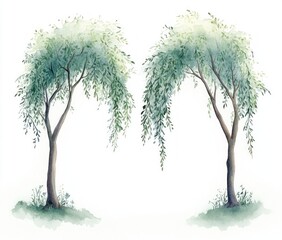 Watercolor Illustration of Serene Willow Trees Arc Sunlit Background Nature Garden Invitation