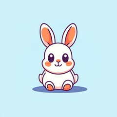 Obraz premium Cute Cartoon Bunny with Large Eyes and Fluffy Ears Sitting on a Soft Blue Background, Perfect for Children's Illustrations and Easter Celebrations