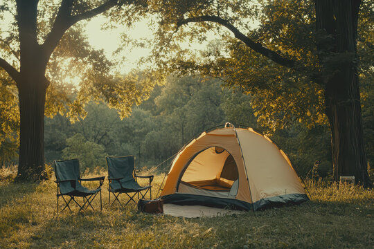 Camping outdoors with lots of sunlight with one tent Two outdoor camping chairs BBQ rack.. - Powered by Adobe