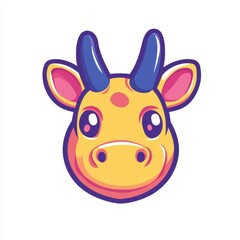 Cute cartoon-style illustration of a cheerful yellow cow head with big eyes, colorful horns, and a friendly expression suitable for children's design and playful themes