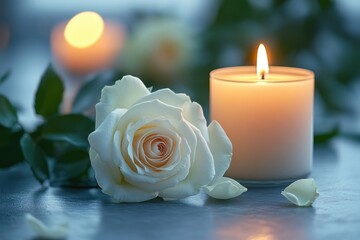 Sympathy Card for Funeral with White Roses and Candle for Grieving and Mourning Memory