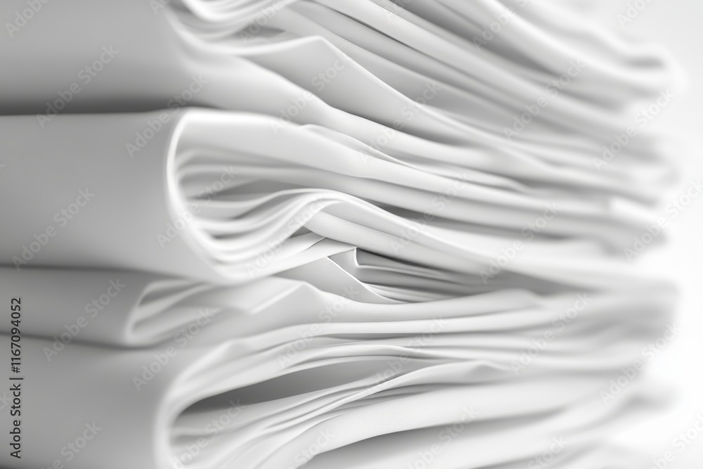 Poster neatly folded pure white linens showcasing softness and quality in a minimalistic setting