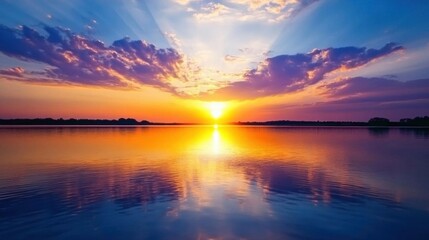 Obraz premium A serene sunset over a calm lake, reflecting vibrant colors in the sky.