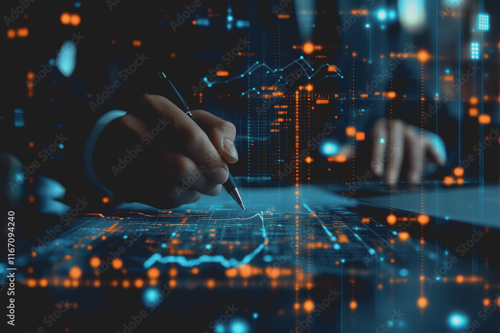 Poster professional businessman in suit working hard at desk surrounded by digital graphs and visual data.