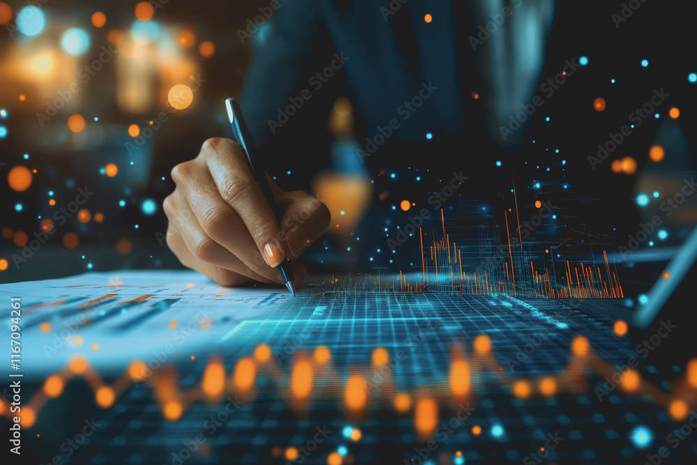 Poster professional businessman in suit working hard at desk surrounded by digital graphs and visual data.