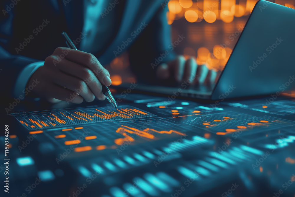 Poster professional businessman in suit working hard at desk surrounded by digital graphs and visual data.