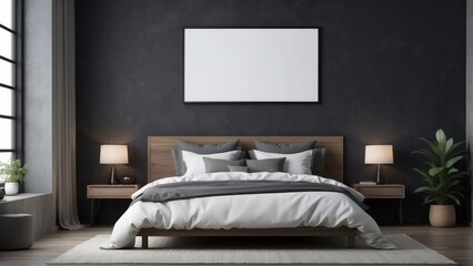 cozy bedroom with one blank poster frame, empty dark texture wall background