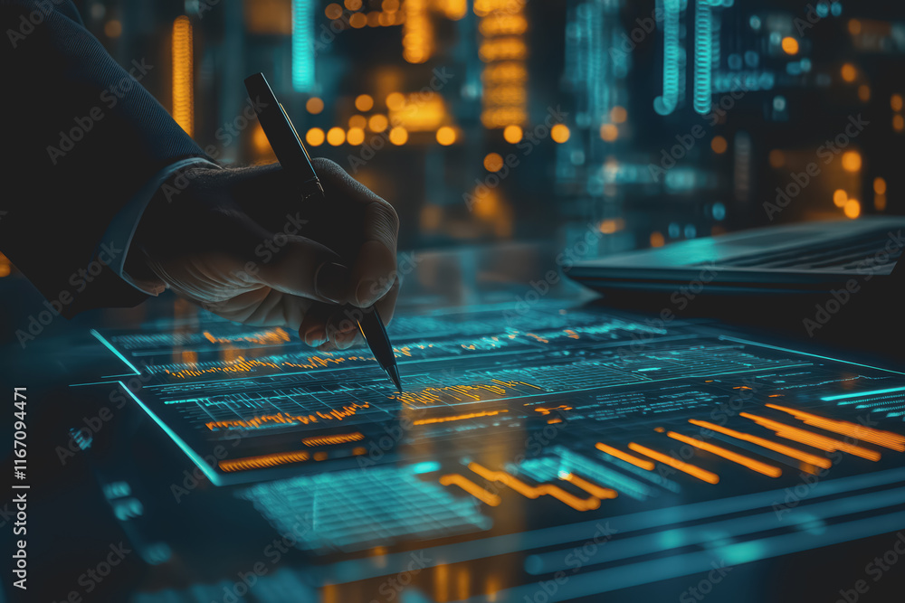Poster professional businessman in suit working hard at desk surrounded by digital graphs and visual data.