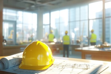 Bright yellow hard hat on architectural blueprints in a professional construction office space