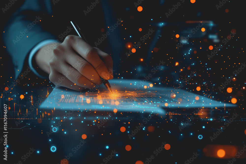 Poster professional businessman in suit working hard at desk surrounded by digital graphs and visual data.