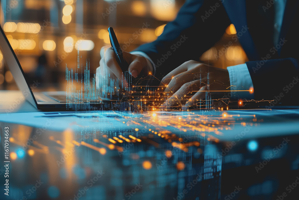 Aufkleber professional businessman in suit working hard at desk surrounded by digital graphs and visual data.