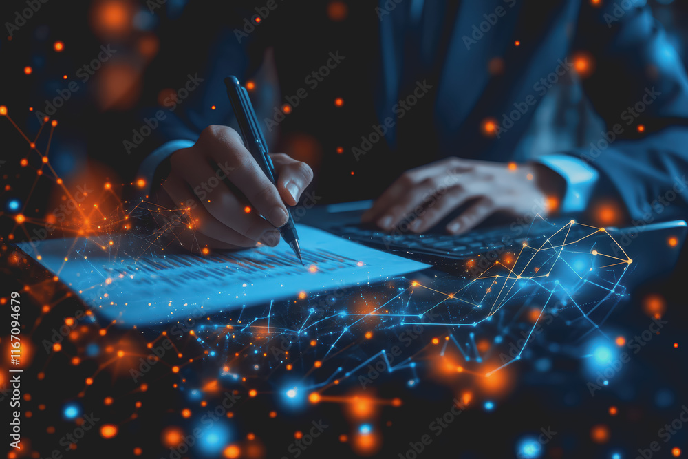 Poster professional businessman in suit working hard at desk surrounded by digital graphs and visual data.