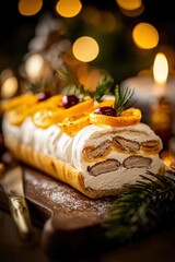 Delightfully Beautiful Yule Log Cake with Creamy Frosting, Tantalizing Fruits, and Festive Decorations on a Wooden Board Surrounded by Warm Holiday Lights