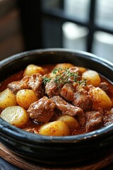 Hearty Beef Stew with Tender Meat, Potatoes and Fresh Thyme in a Rustic Black Bowl, Perfect for a Cozy Meal at Home or a Warm Gathering with Friends
