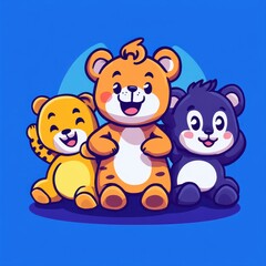 Adorable Cartoon Animals Together: Cheerful Tiger, Playful Bear, and Happy Panda Against a Bright Blue Background for Fun and Whimsical Designs
