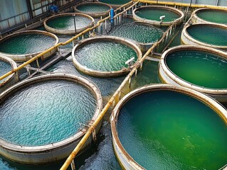 Modern Aquaculture Facility with Tilapia Fish Swimming in Circular Tanks
